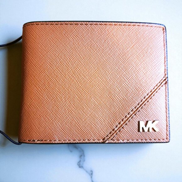 Michael Kors Tan/Brown Metallic MK Men's Slim Billfold Wallet NWT - Picture 3 of 8